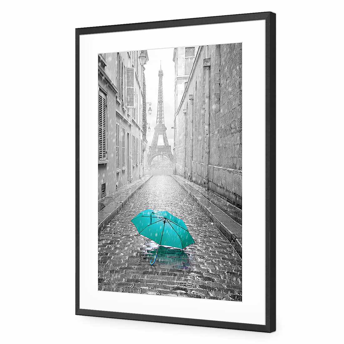 Lost Umbrella In Paris, Teal Acrylic Print Art - Wall Art Designs - 2004_DR_V WAD_AP - 030 - MAT_45x30_S - 2538 - BLK