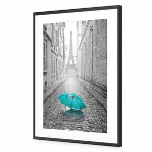 Lost Umbrella In Paris, Teal | Standard Acrylic | Flat Frame With Border | Black