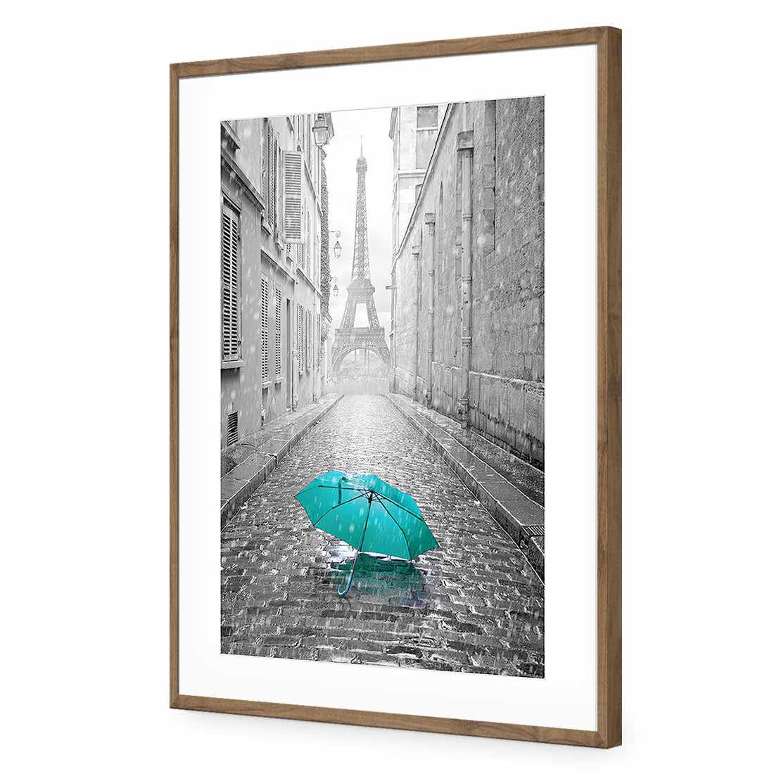 Lost Umbrella In Paris, Teal | Standard Acrylic | Flat Frame With Border | Natural