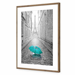 Lost Umbrella In Paris, Teal | Standard Acrylic | Flat Frame With Border | Natural