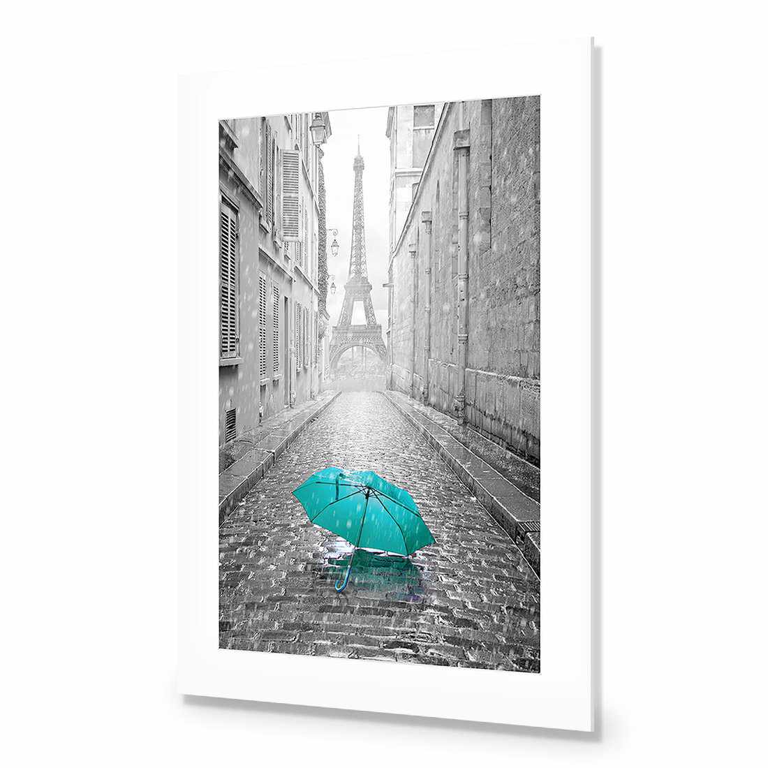 Lost Umbrella In Paris, Teal Acrylic Print Art - Wall Art Designs - 2004_DR_V WAD_AP - 030 - MAT_45x30_NONE