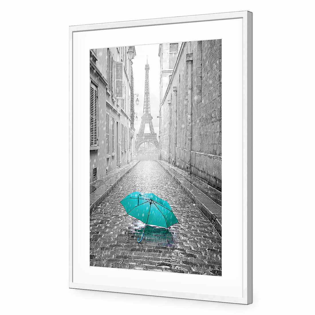 Lost Umbrella In Paris, Teal Acrylic Print Art - Wall Art Designs - 2004_DR_V WAD_AP - 030 - MAT_45x30_S - 2538 - WHT