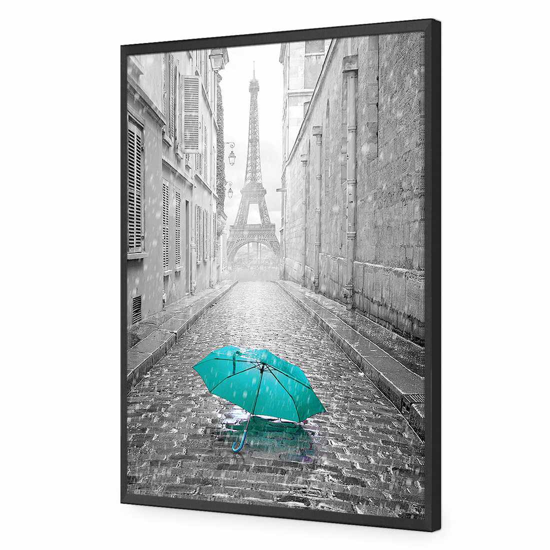 Lost Umbrella In Paris, Teal Acrylic Print Art - Wall Art Designs - 2004_DR_V WAD_AP - 030 - EDG_45x30_S - 2538 - BLK