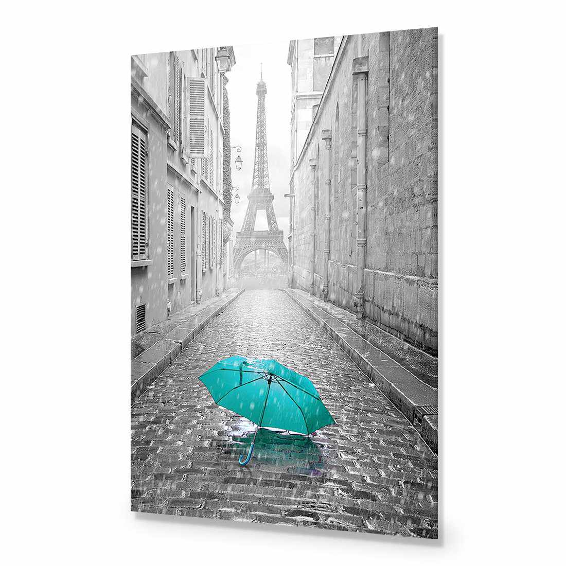 Lost Umbrella In Paris, Teal Acrylic Print Art - Wall Art Designs - 2004_DR_V WAD_AP - 030 - EDG_45x30_NONE