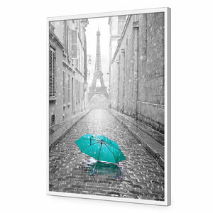 Lost Umbrella In Paris, Teal | Standard Acrylic | Flat Frame No Border | White