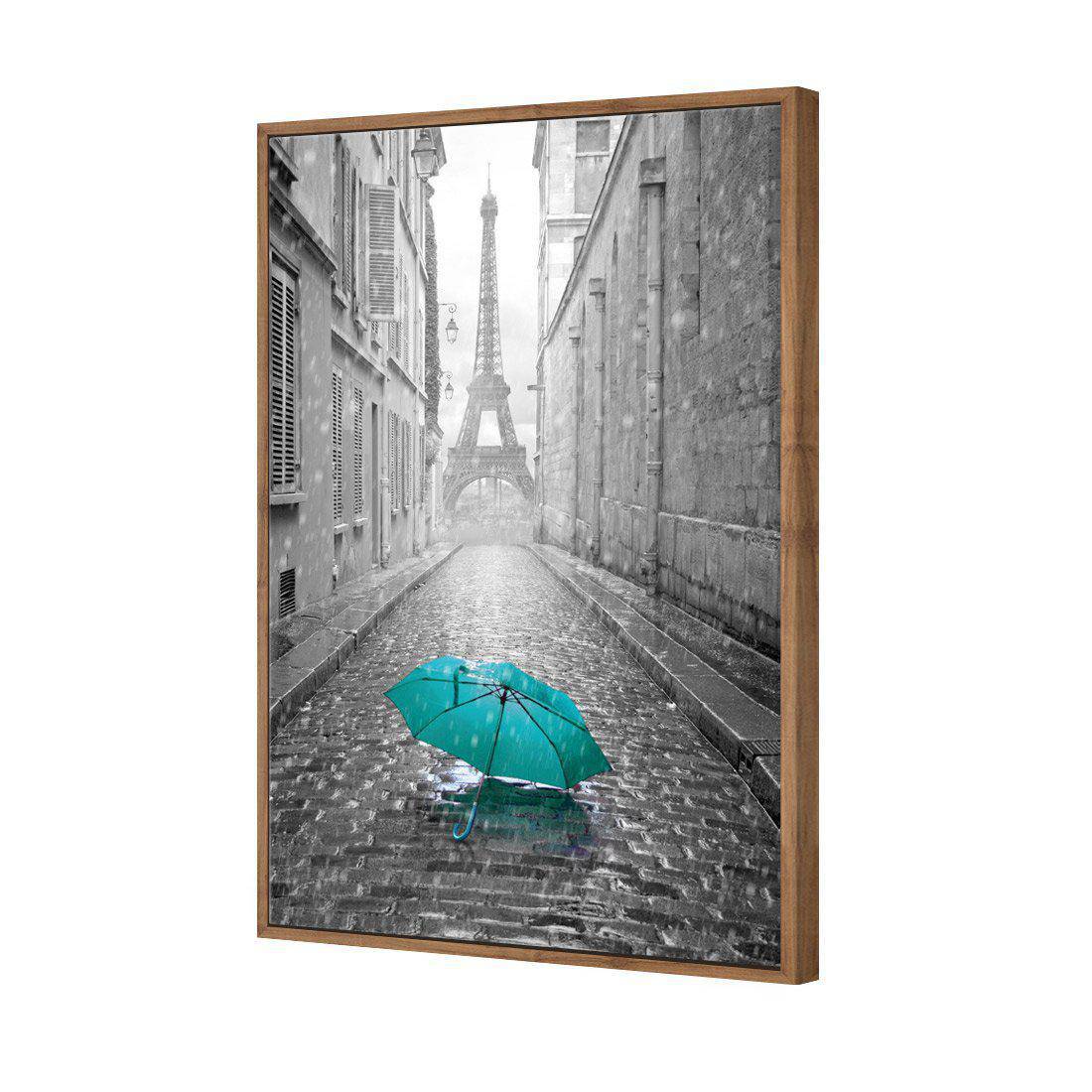 Lost Umbrella In Paris, Teal | Standard Canvas | Floating Frame | Natural
