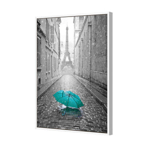 Lost Umbrella In Paris, Teal | Standard Canvas | Floating Frame | White