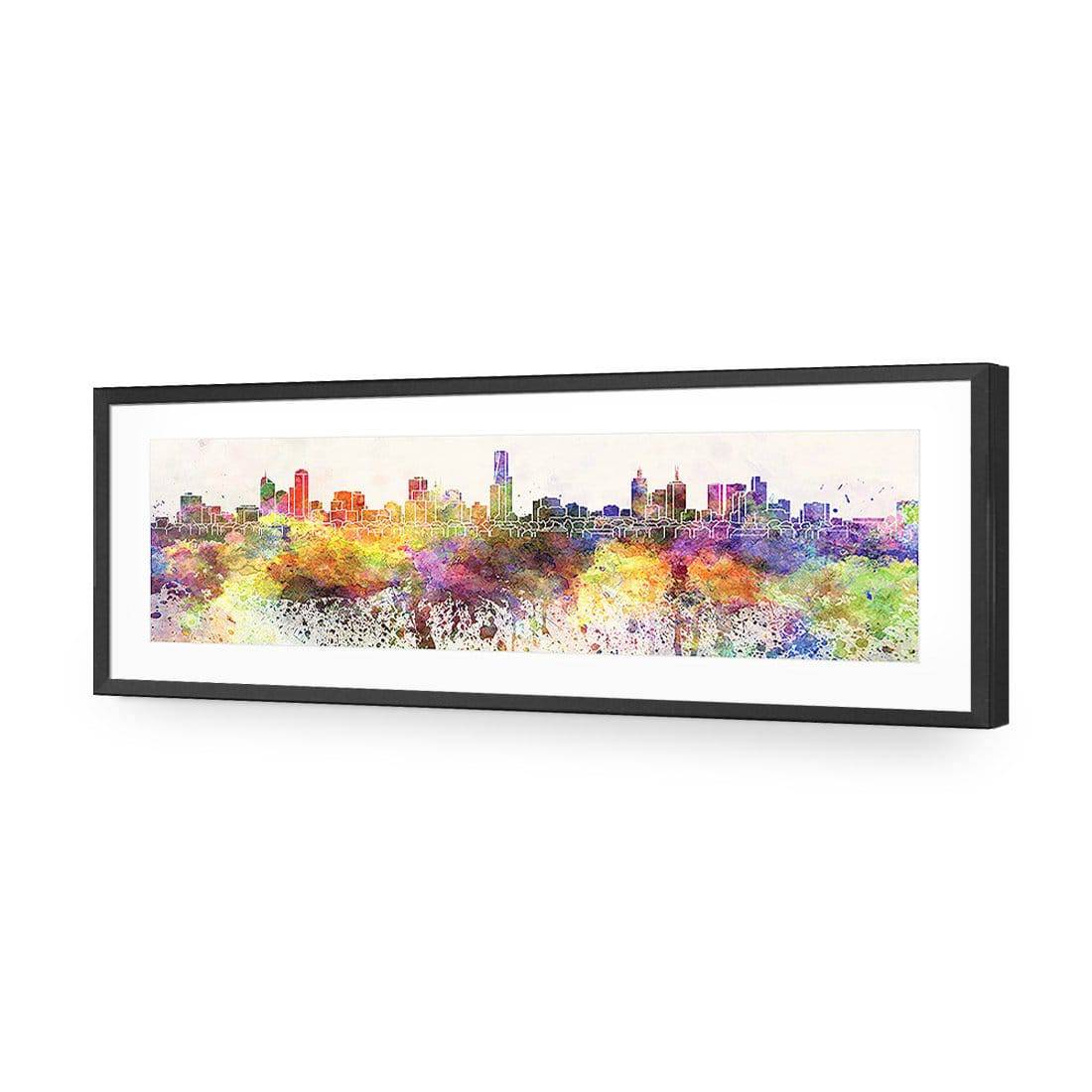 Melbourne Skyline Watercolour, Long | Standard Acrylic | Flat Frame With Border | Black