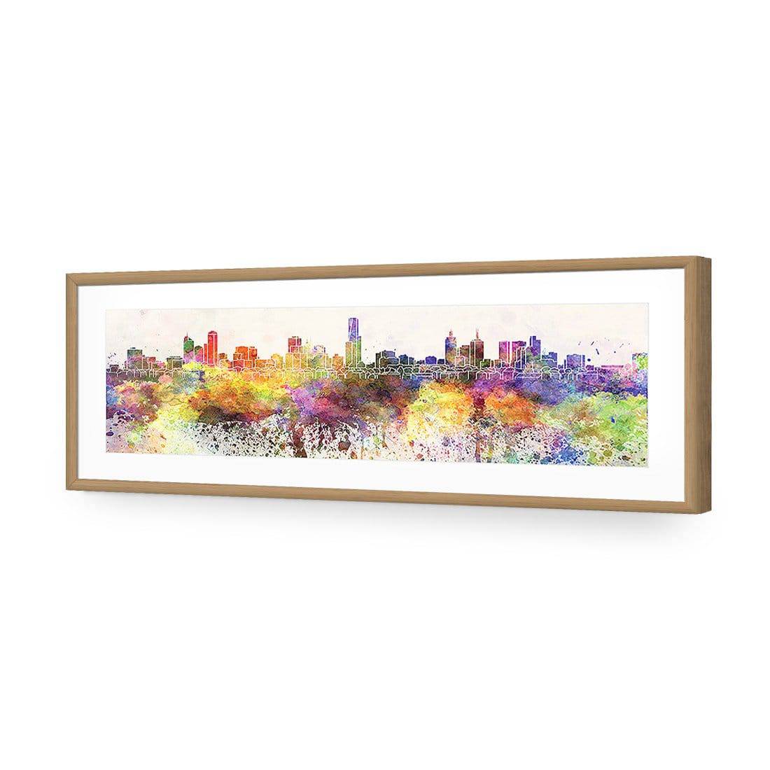 Melbourne Skyline Watercolour, Long | Standard Acrylic | Flat Frame With Border | Oak