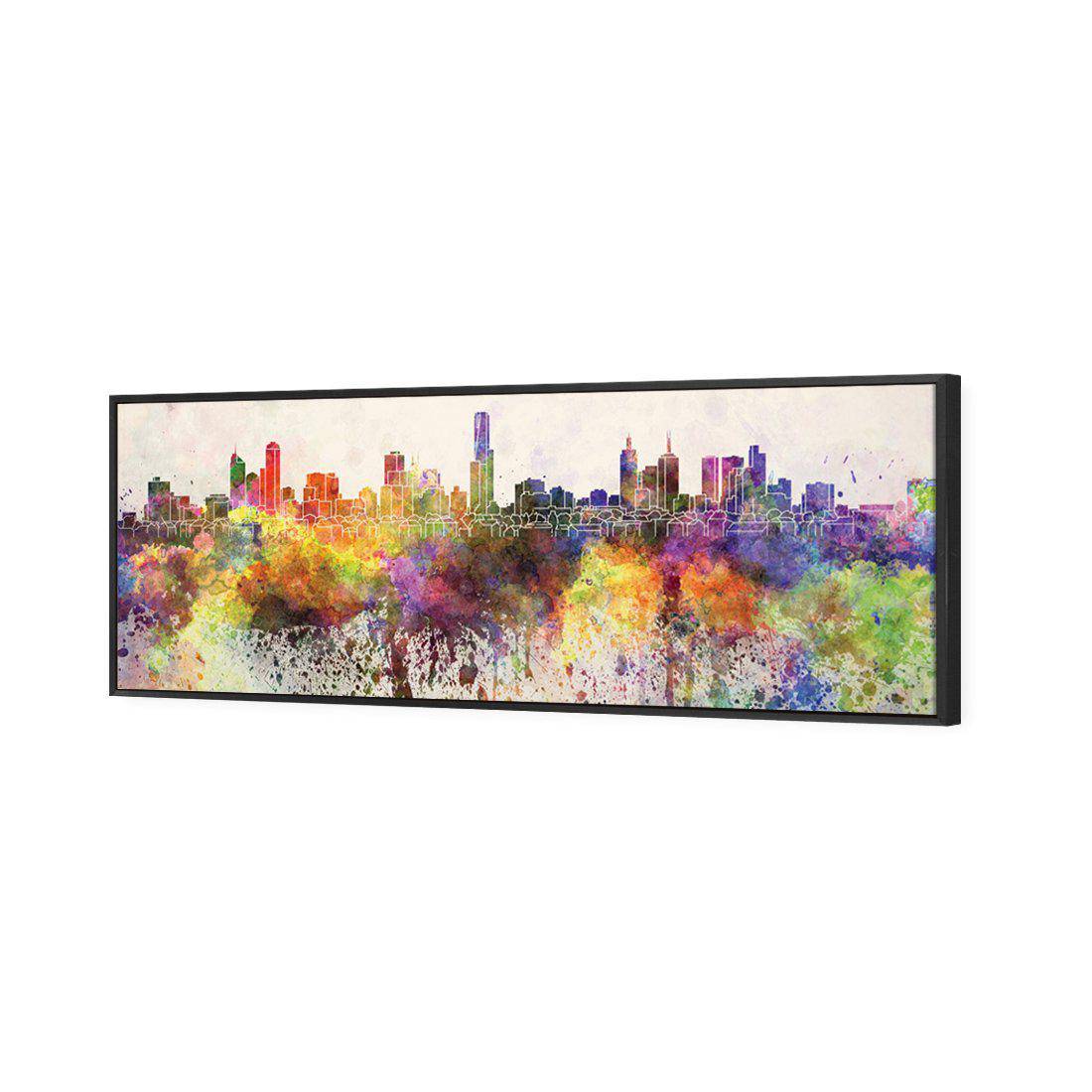 Melbourne Skyline Watercolour, Long | Standard Canvas | Floating Frame | Black