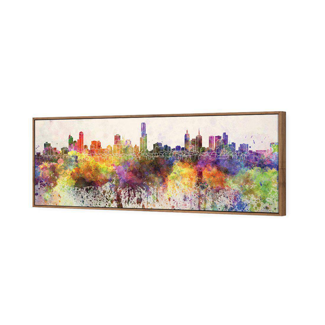 Melbourne Skyline Watercolour, Long | Standard Canvas | Floating Frame | Natural