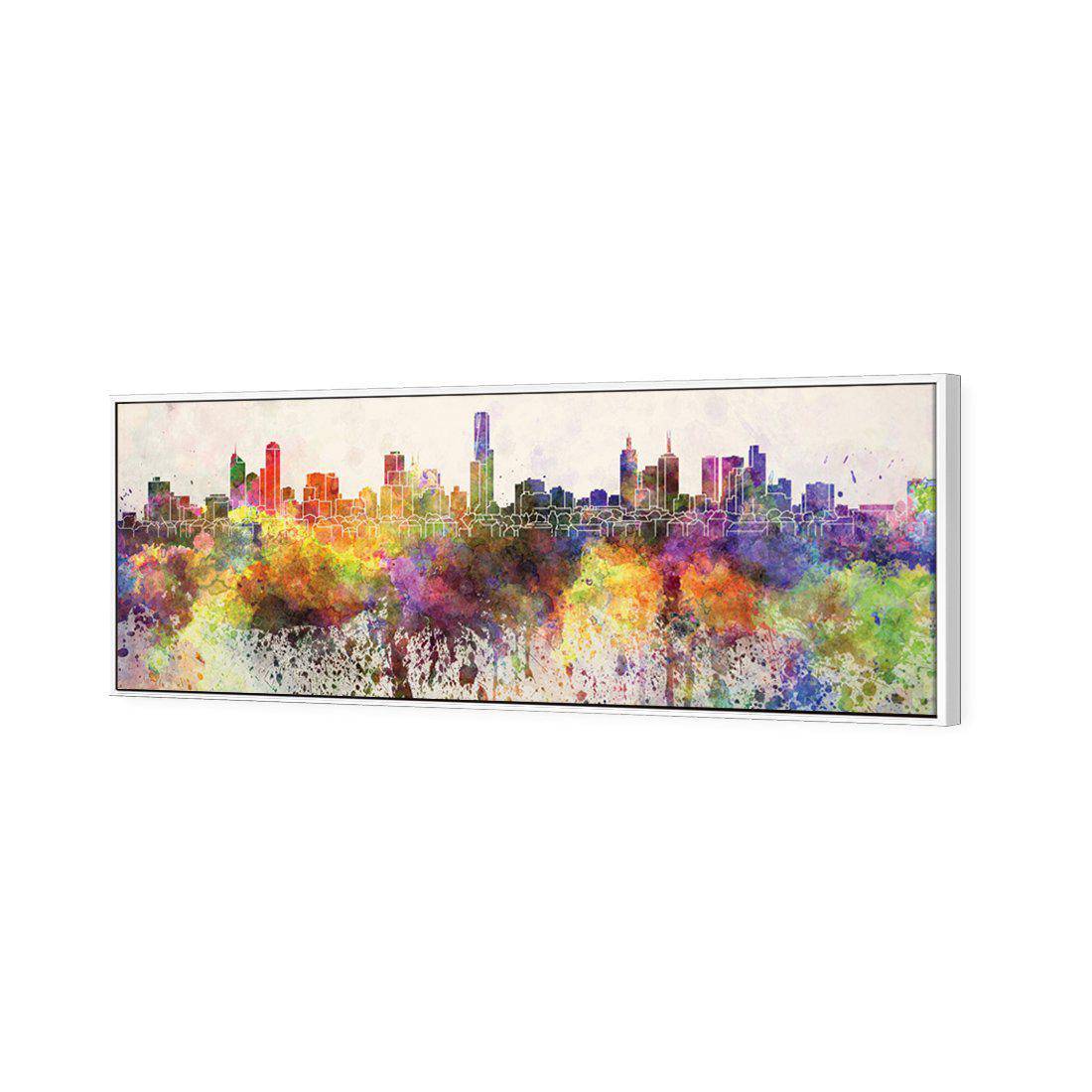 Melbourne Skyline Watercolour, Long | Standard Canvas | Floating Frame | White