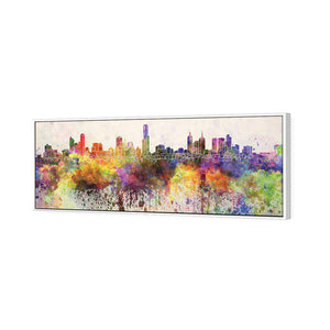 Melbourne Skyline Watercolour, Long | Standard Canvas | Floating Frame | White