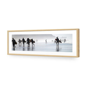 Surfers in the Mist (Long) | Classic Acrylic | Flat Frame With Border | Oak