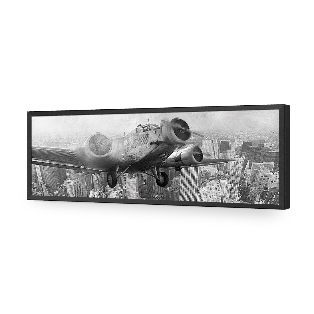 Vintage Plane over Manhattan, Black and White - Wall Art Designs - 1290_BL_H WAD_AP - 030 - EDG_90x30_S - 2538 - BLK