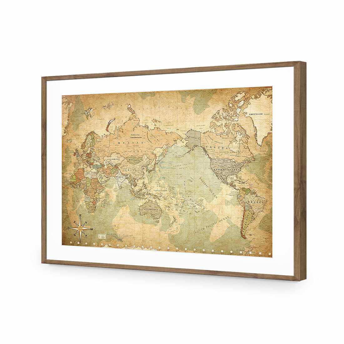 Antique World Map-Acrylic-Wall Art Design-With Border-Acrylic - Natural Frame-45x30cm-Wall Art Designs