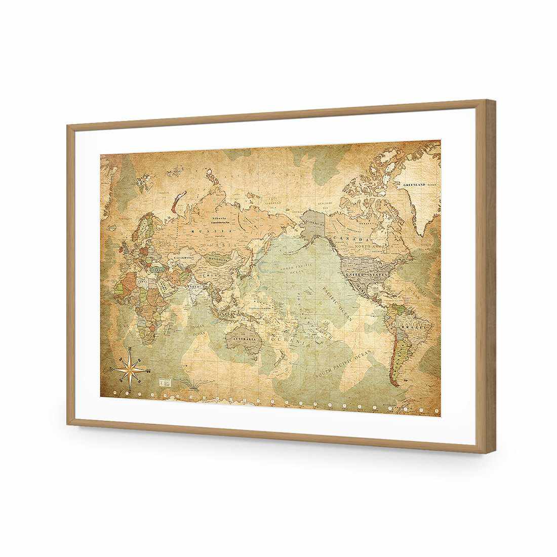 Antique World Map-Acrylic-Wall Art Design-With Border-Acrylic - Oak Frame-45x30cm-Wall Art Designs