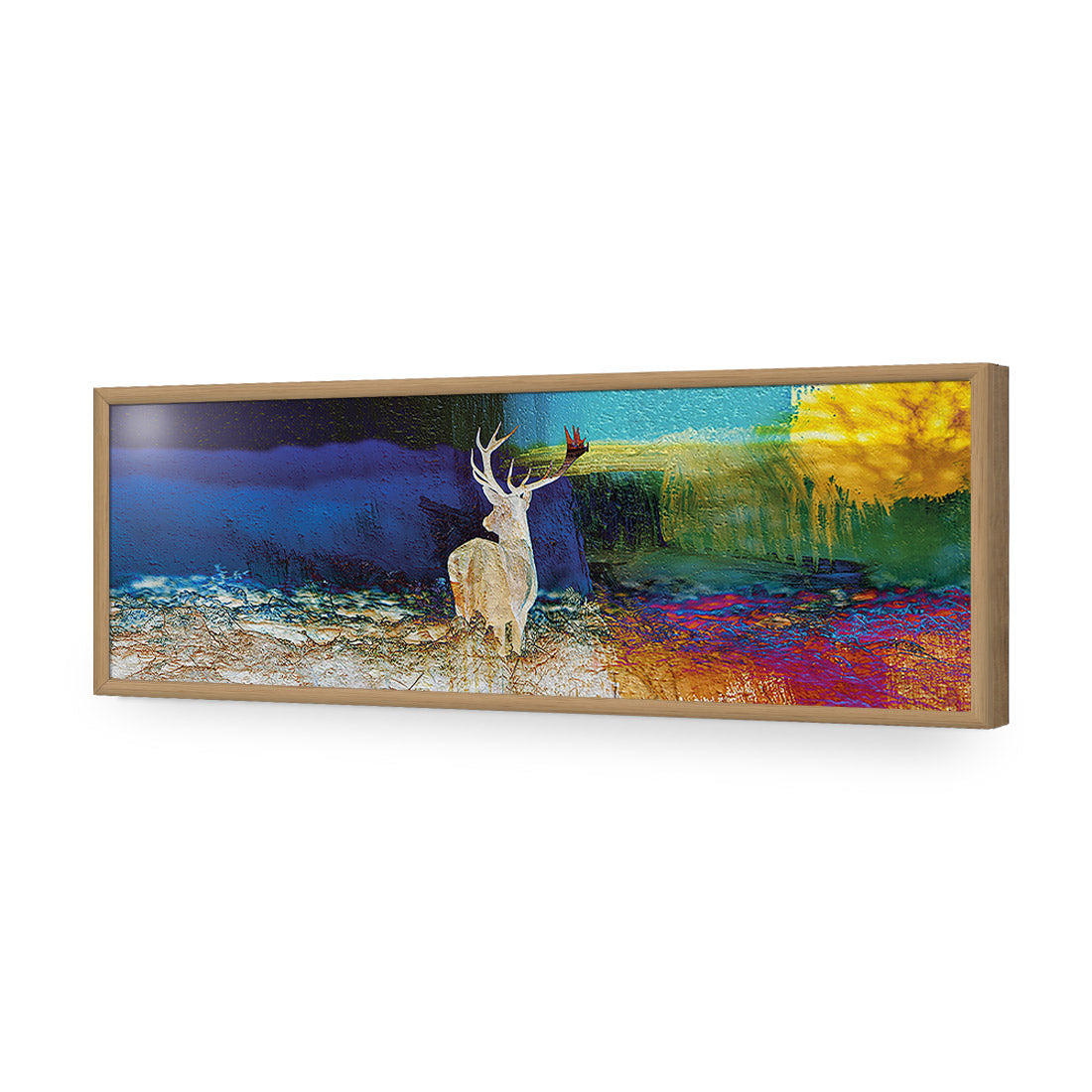 Stag In Confusion, Long | Standard Acrylic | Flat Frame No Border | Oak