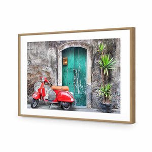 Vintage Door And Scooter | Classic Acrylic | Flat Frame With Border | Oak