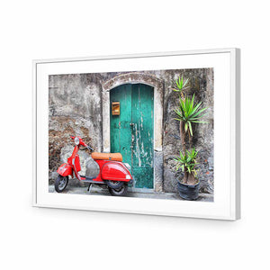 Vintage Door And Scooter | Classic Acrylic | Flat Frame With Border | White