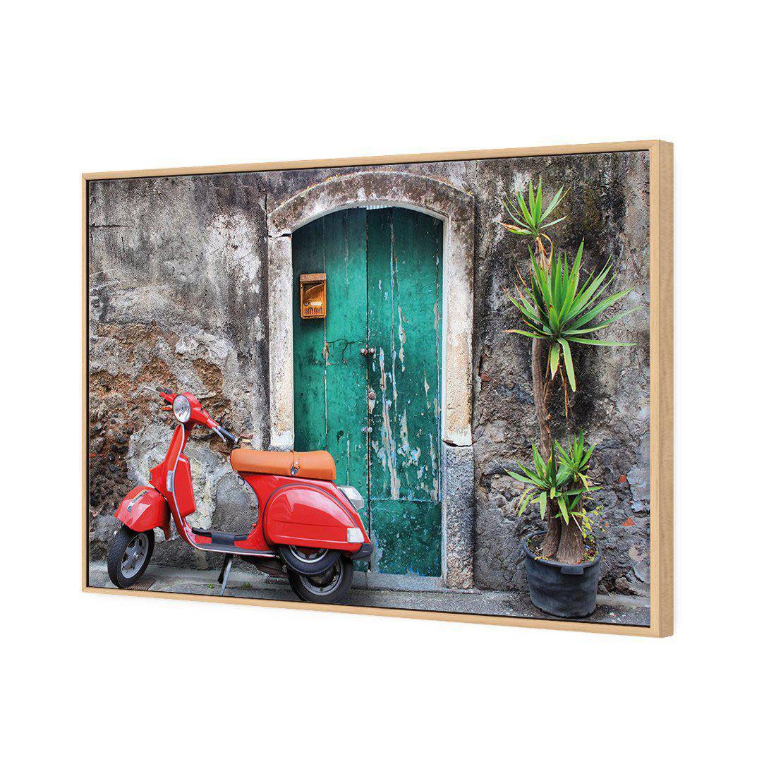 Vintage Door And Scooter | Classic Canvas | Floating Frame | Oak