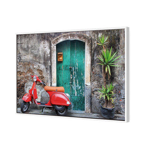 Vintage Door And Scooter | Classic Canvas | Floating Frame | White
