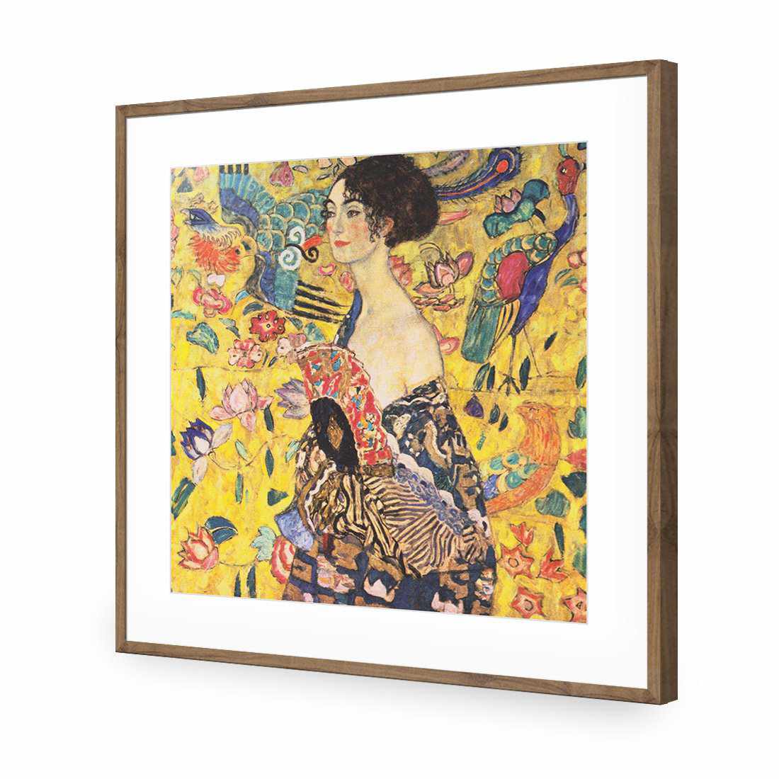 Lady With Fan - Gustav Klimt, Square-Acrylic-Wall Art Design-With Border-Acrylic - Natural Frame-37x37cm-Wall Art Designs
