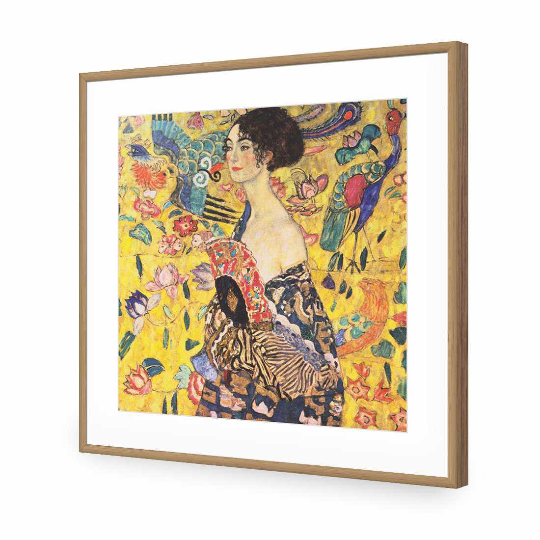 Lady With Fan - Gustav Klimt, Square-Acrylic-Wall Art Design-With Border-Acrylic - Oak Frame-37x37cm-Wall Art Designs
