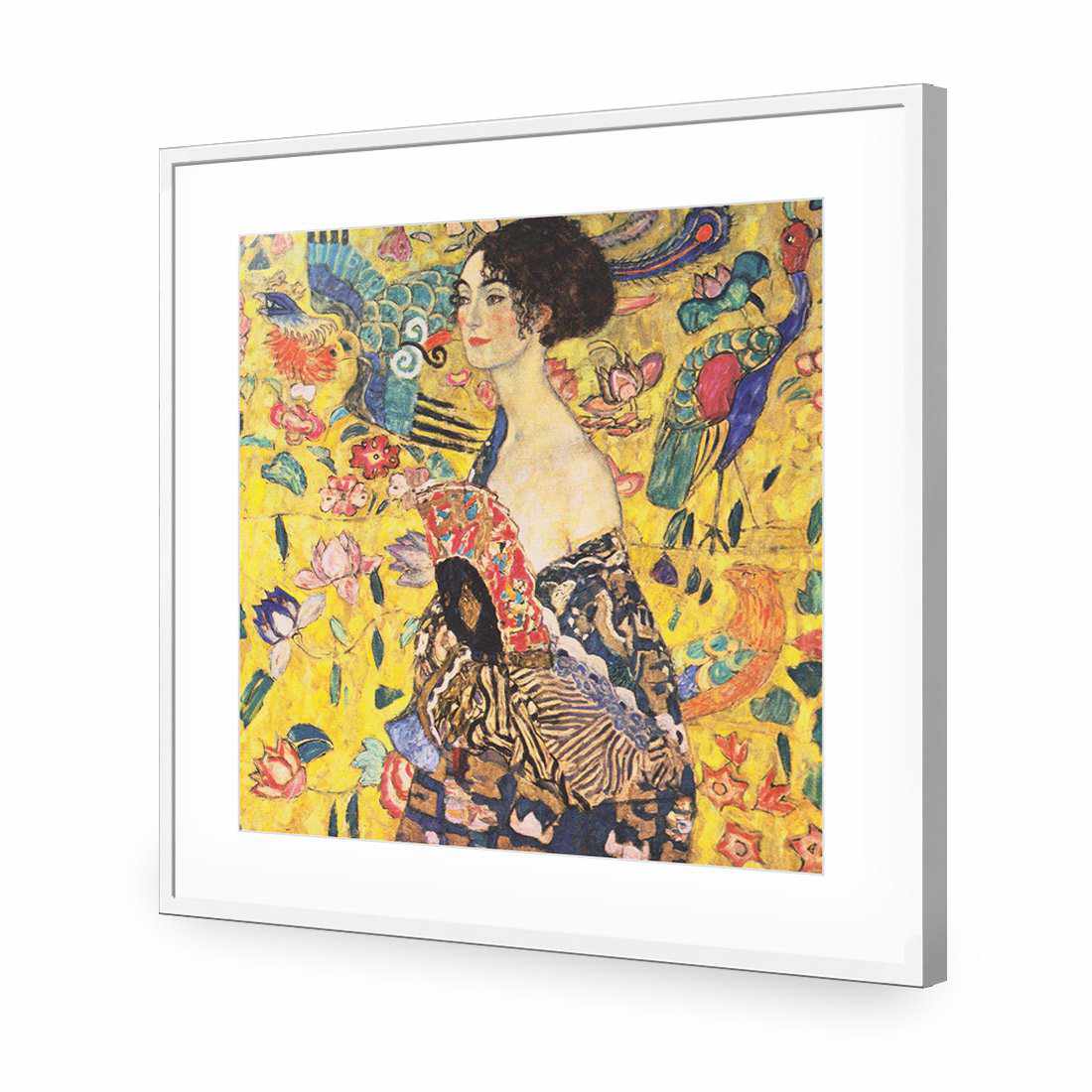 Lady With Fan - Gustav Klimt, Square-Acrylic-Wall Art Design-With Border-Acrylic - White Frame-37x37cm-Wall Art Designs