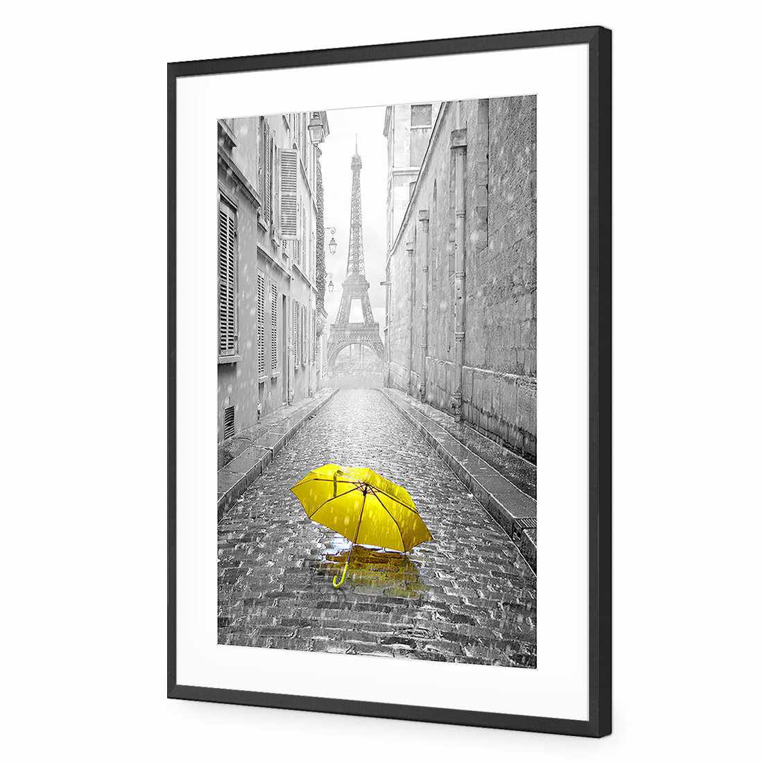 Lost Umbrella In Paris, Yellow-Acrylic-Wall Art Design-With Border-Acrylic - Black Frame-45x30cm-Wall Art Designs