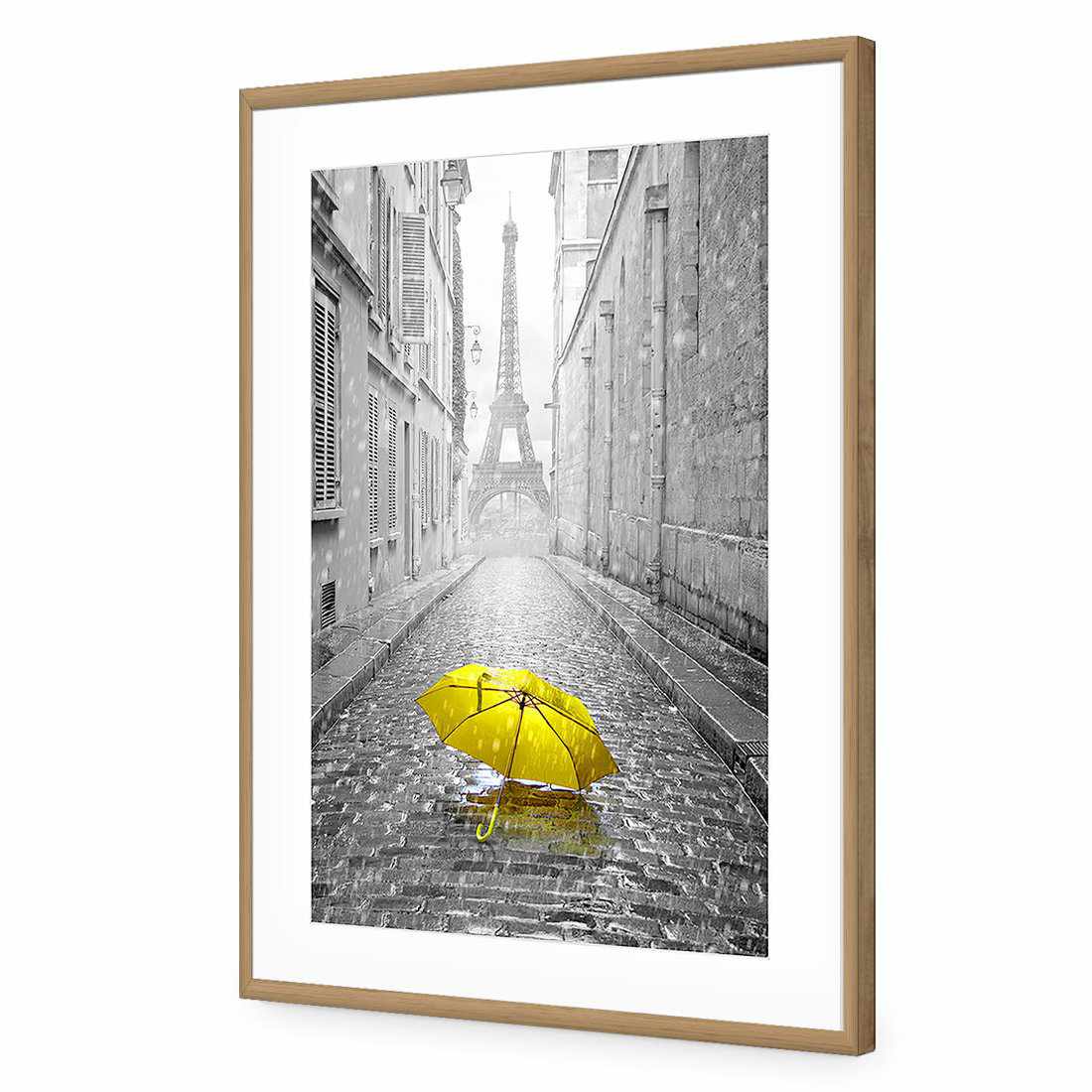 Lost Umbrella In Paris, Yellow-Acrylic-Wall Art Design-With Border-Acrylic - Oak Frame-45x30cm-Wall Art Designs