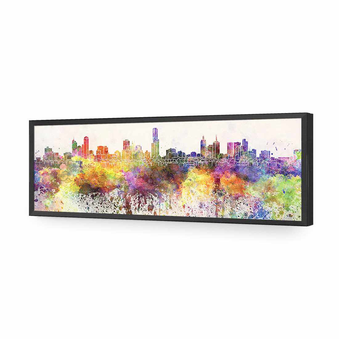 Melbourne Skyline Watercolour, Long-Acrylic-Wall Art Design-Without Border-Acrylic - Black Frame-60x20cm-Wall Art Designs