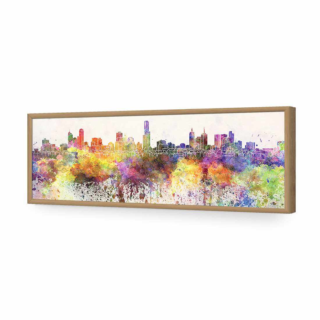 Melbourne Skyline Watercolour, Long-Acrylic-Wall Art Design-Without Border-Acrylic - Oak Frame-60x20cm-Wall Art Designs