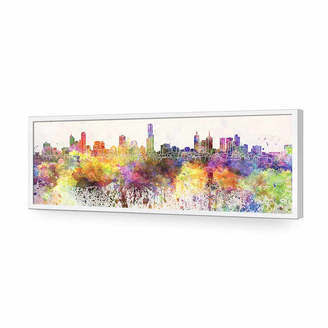 Melbourne Skyline Watercolour, Long-Acrylic-Wall Art Design-Without Border-Acrylic - White Frame-60x20cm-Wall Art Designs