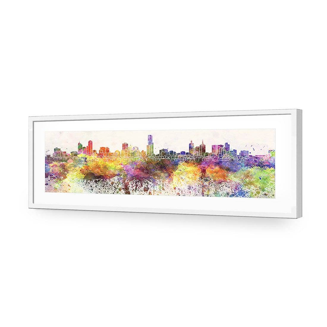 Melbourne Skyline Watercolour, Long-Acrylic-Wall Art Design-With Border-Acrylic - White Frame-60x20cm-Wall Art Designs