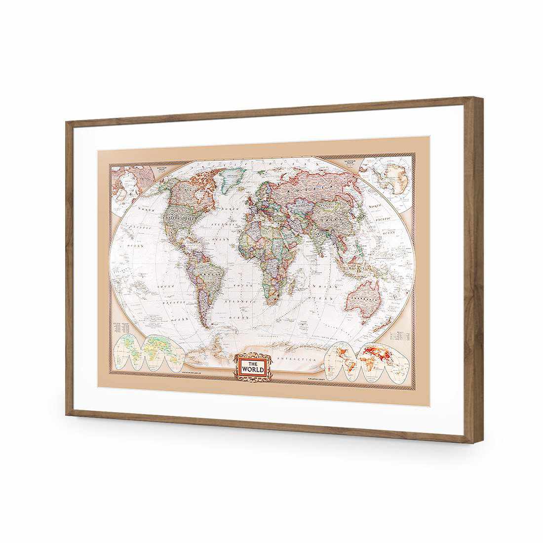 The World Map-Acrylic-Wall Art Design-With Border-Acrylic - Natural Frame-45x30cm-Wall Art Designs