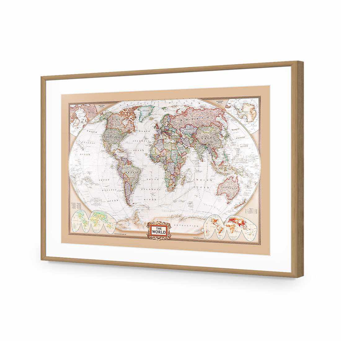 The World Map-Acrylic-Wall Art Design-With Border-Acrylic - Oak Frame-45x30cm-Wall Art Designs