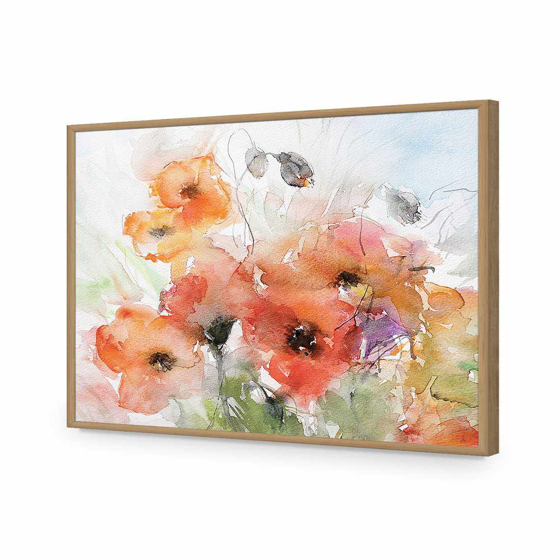 Watercolour Poppies-Acrylic-Wall Art Design-Without Border-Acrylic - Oak Frame-45x30cm-Wall Art Designs