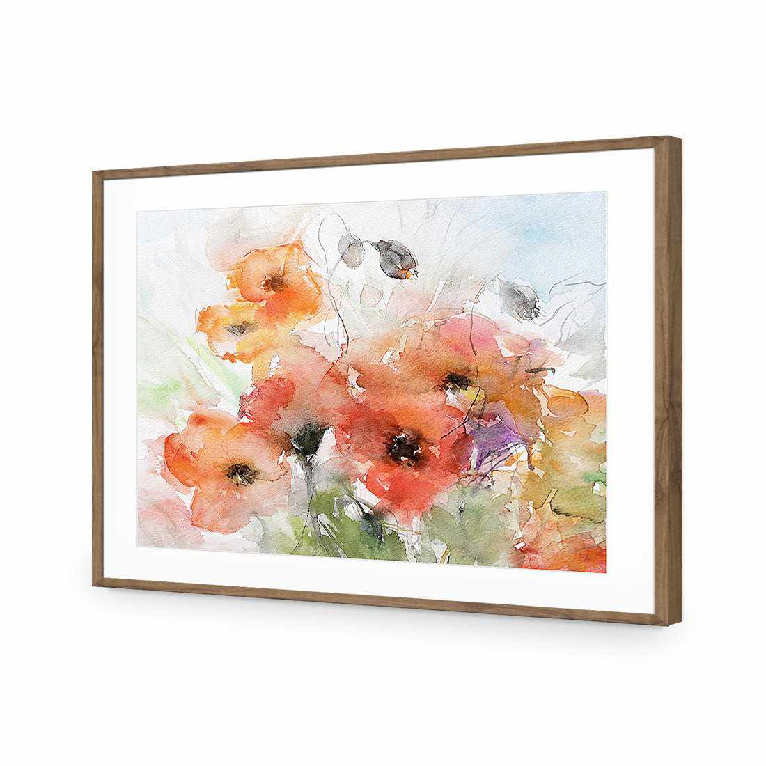 Watercolour Poppies-Acrylic-Wall Art Design-With Border-Acrylic - Natural Frame-45x30cm-Wall Art Designs