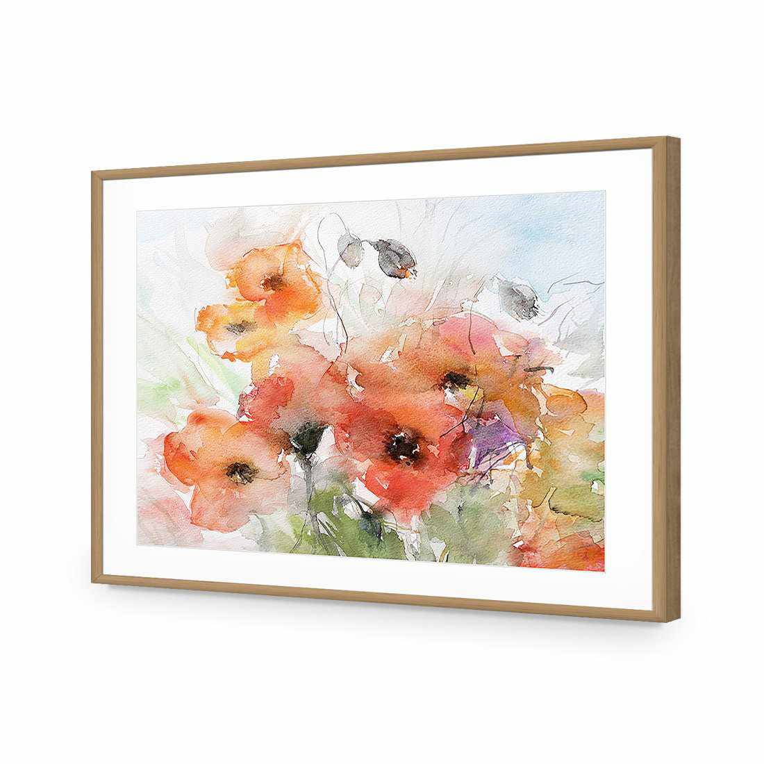 Watercolour Poppies-Acrylic-Wall Art Design-With Border-Acrylic - Oak Frame-45x30cm-Wall Art Designs