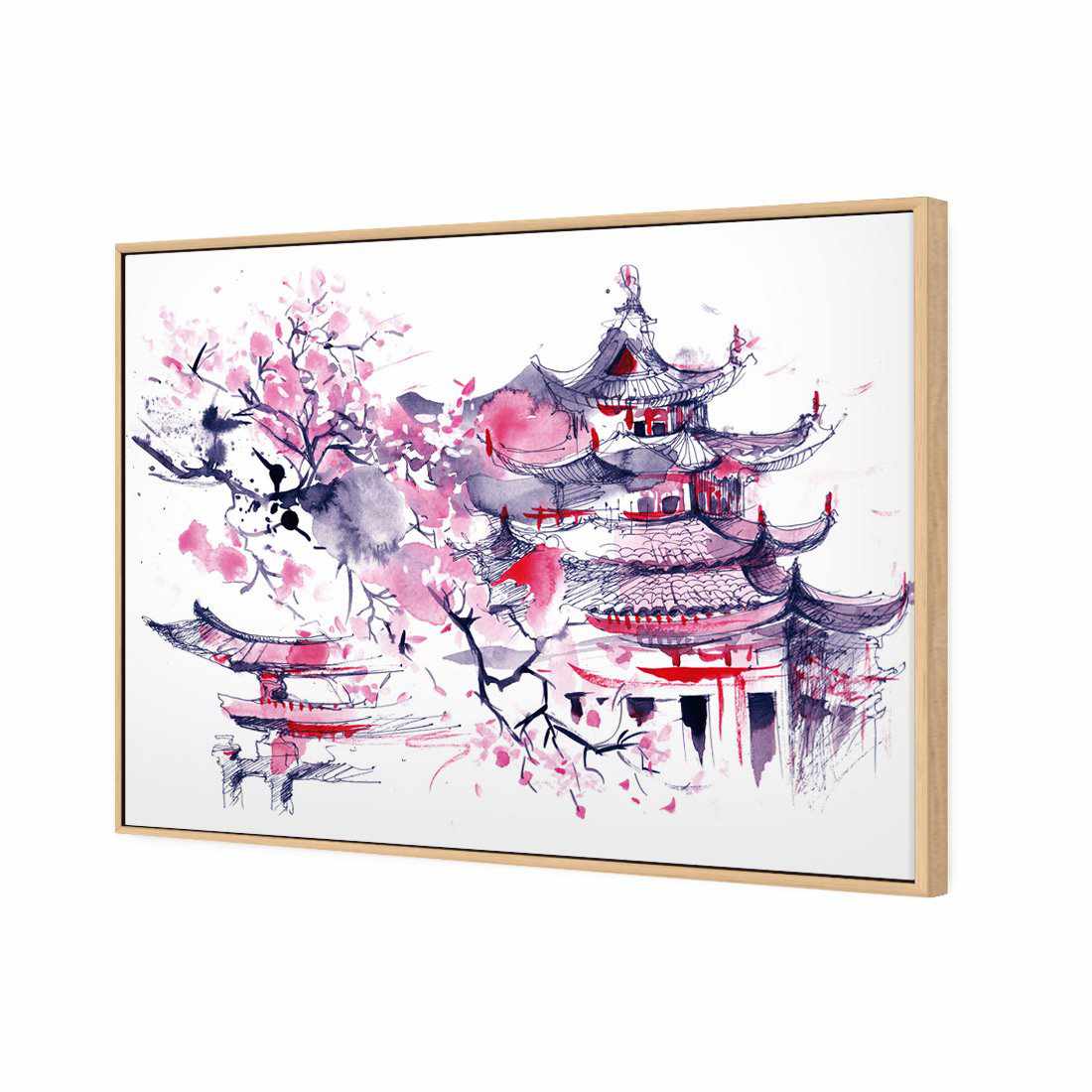 Temple Watercoloured | Classic Canvas | Floating Frame | Oak