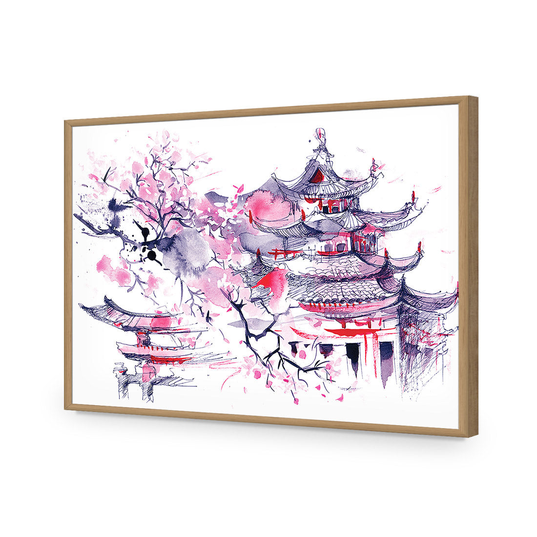 Temple Watercoloured | Classic Acrylic | Flat Frame No Border | Oak