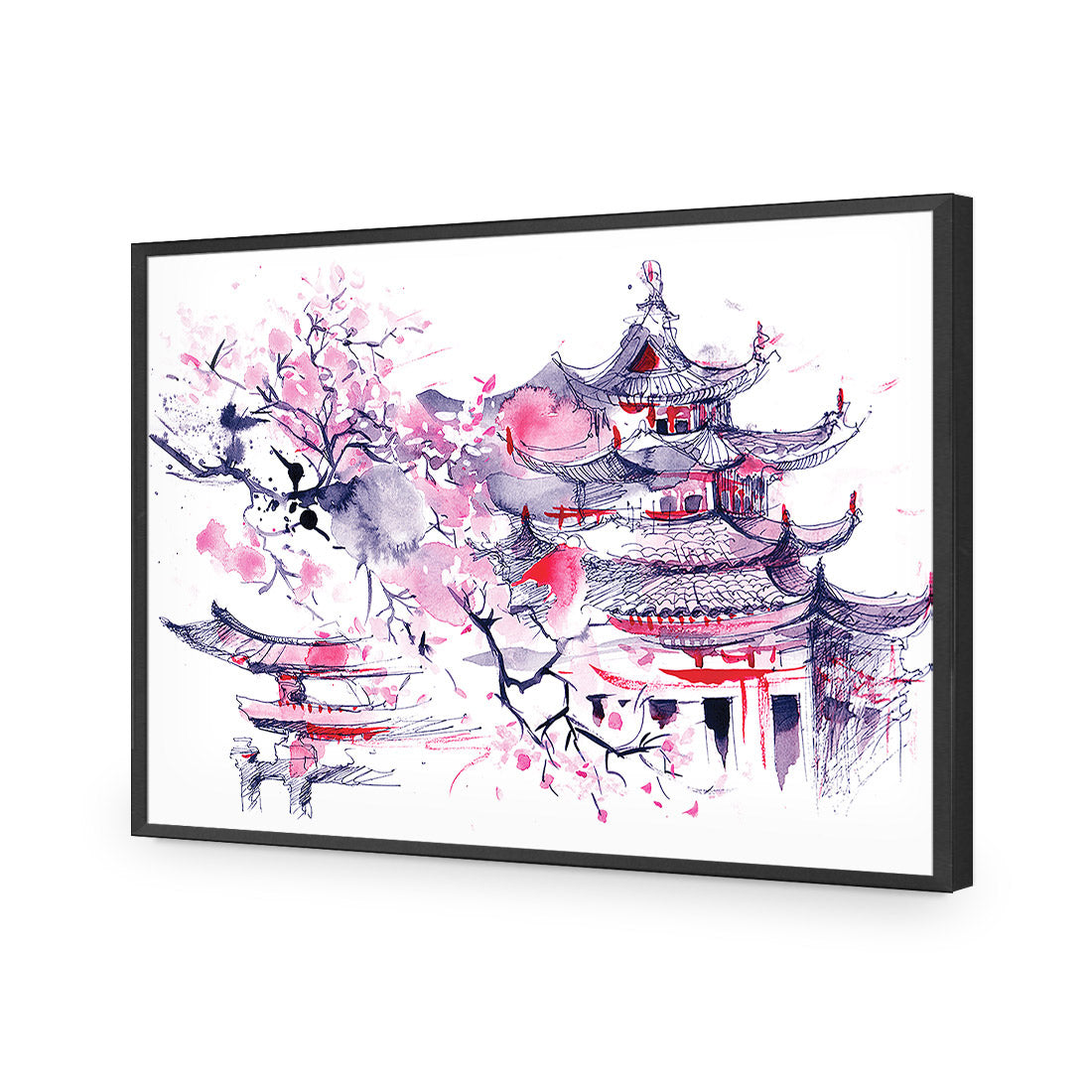 Temple Watercoloured | Classic Acrylic | Flat Frame No Border | Black