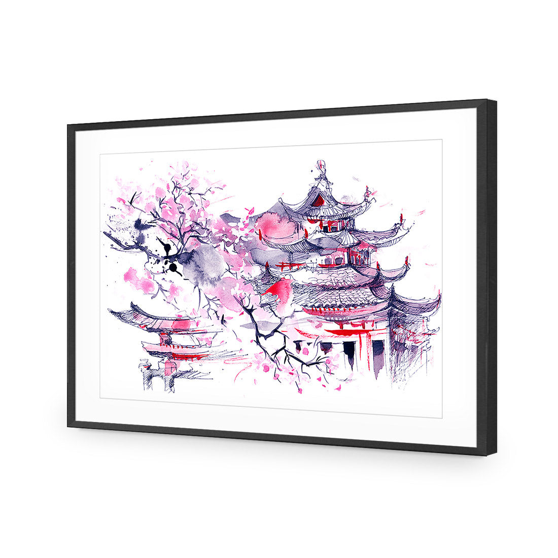 Temple Watercoloured | Classic Acrylic | Flat Frame With Border | Black