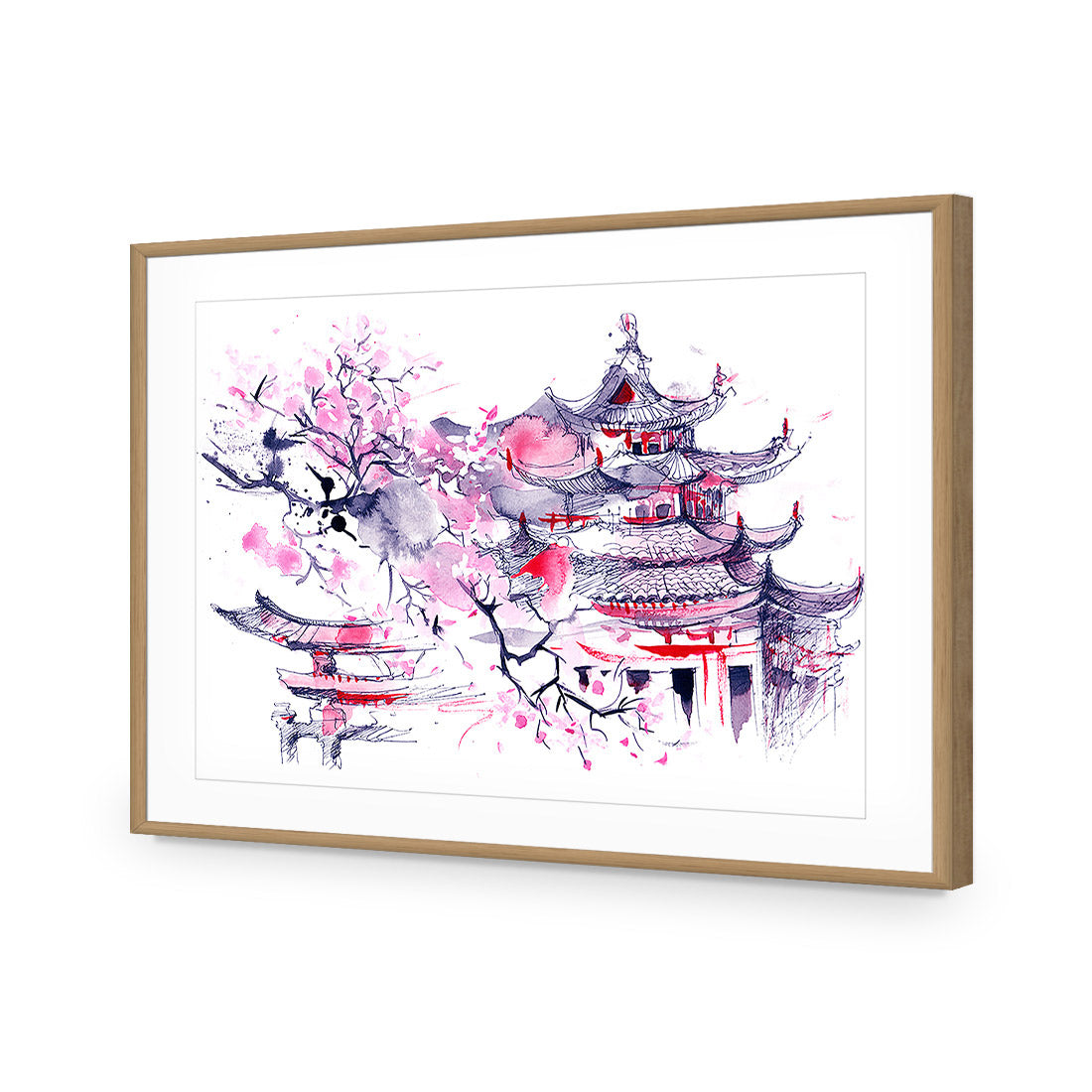 Temple Watercoloured | Classic Acrylic | Flat Frame With Border | Oak