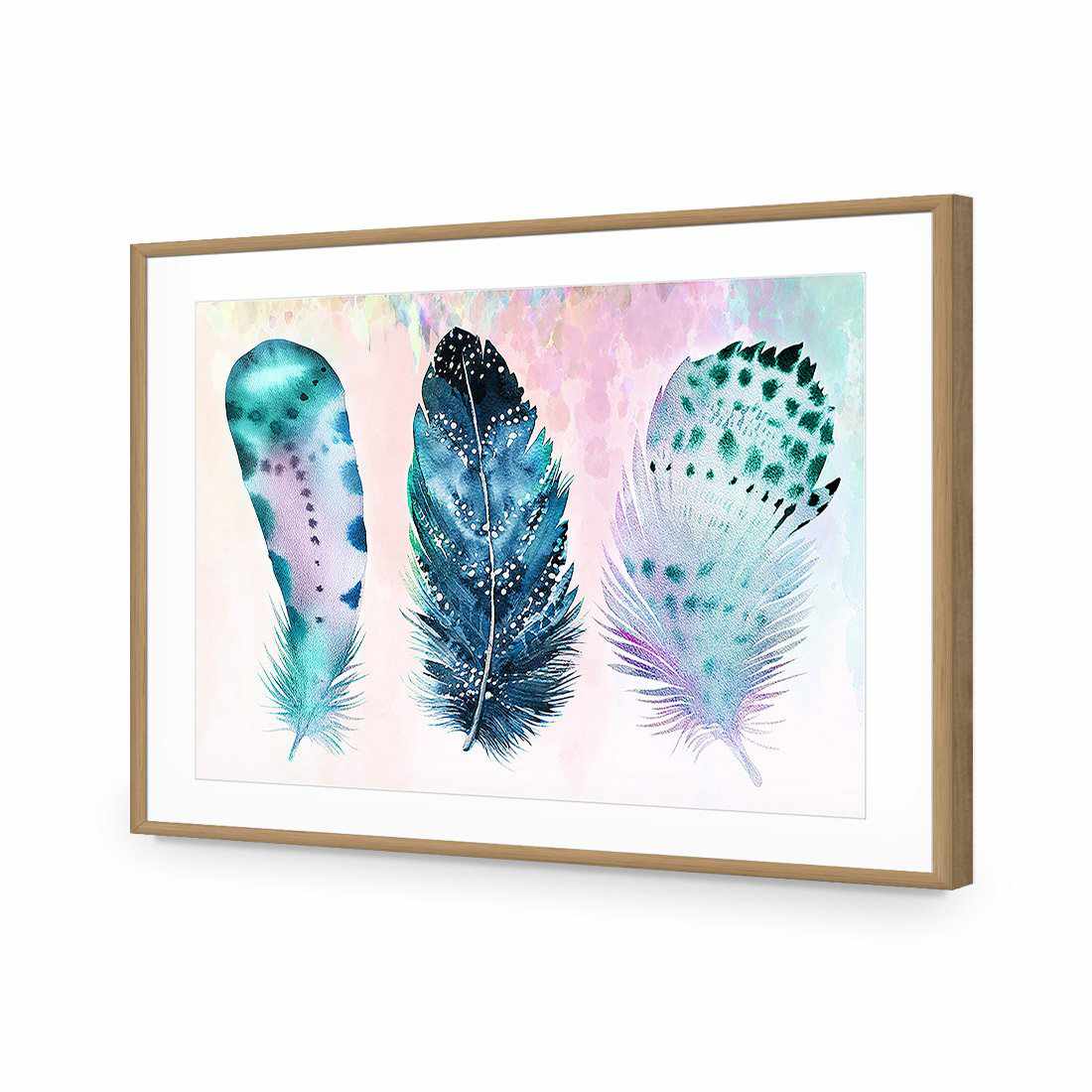 Boho Feathers, Rainbow-Acrylic-Wall Art Design-With Border-Acrylic - Oak Frame-45x30cm-Wall Art Designs