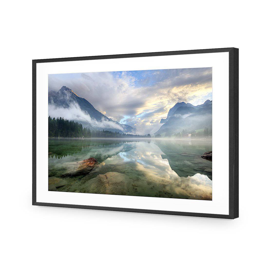 Misty Mountain Lake-Acrylic-Wall Art Design-With Border-Acrylic - Black Frame-45x30cm-Wall Art Designs