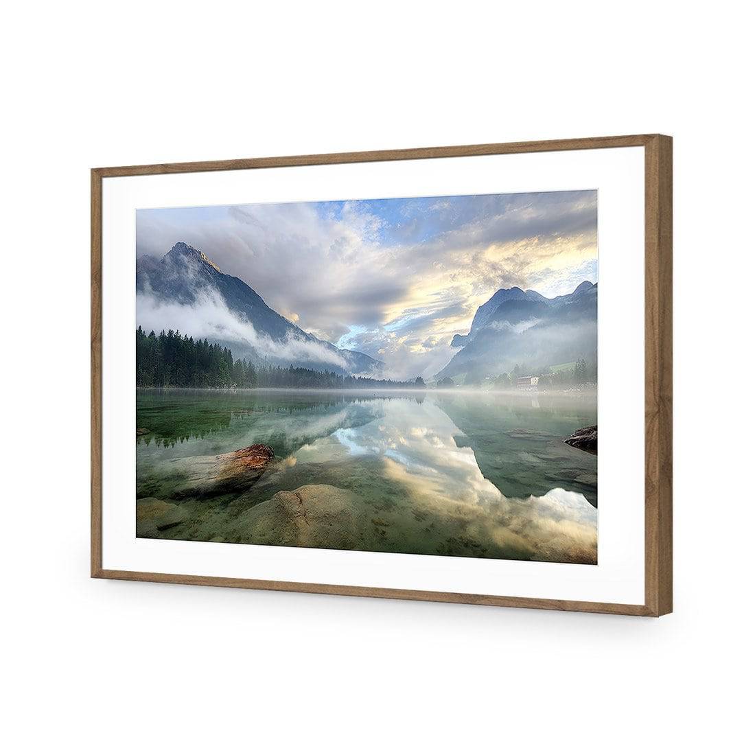 Misty Mountain Lake-Acrylic-Wall Art Design-With Border-Acrylic - Natural Frame-45x30cm-Wall Art Designs