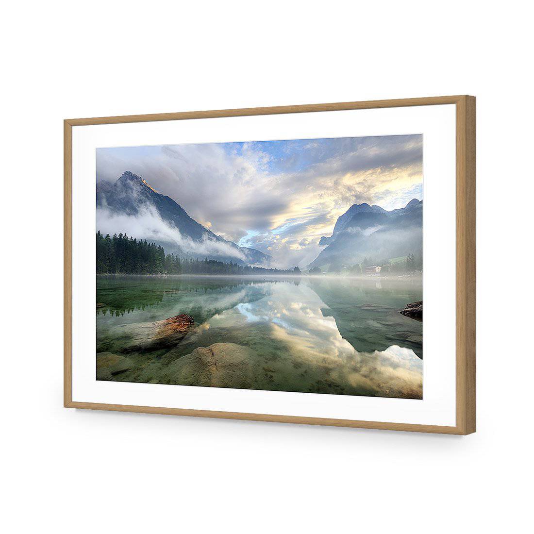 Misty Mountain Lake-Acrylic-Wall Art Design-With Border-Acrylic - Oak Frame-45x30cm-Wall Art Designs