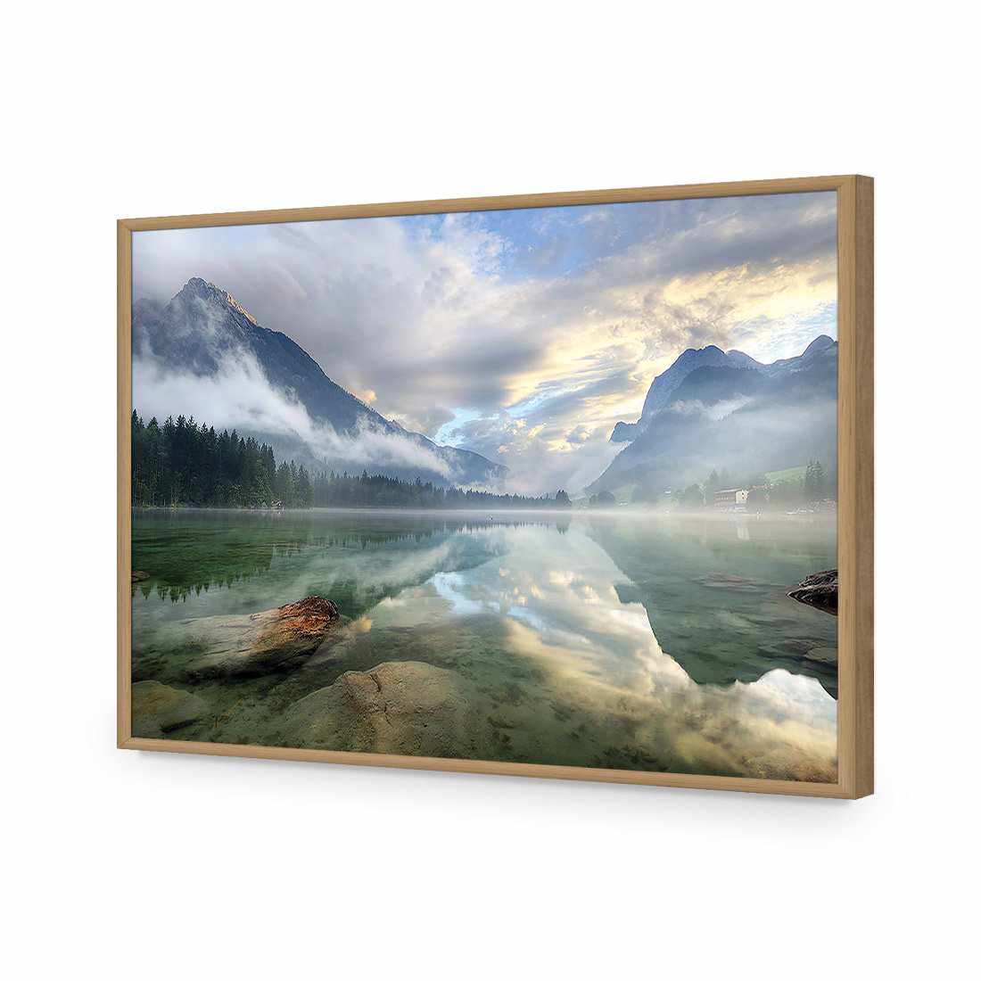 Misty Mountain Lake-Acrylic-Wall Art Design-Without Border-Acrylic - Oak Frame-45x30cm-Wall Art Designs